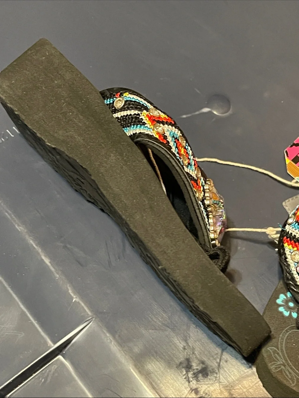 Girls Black Beaded Flip Flops with Star Gem Accent size S 10-11